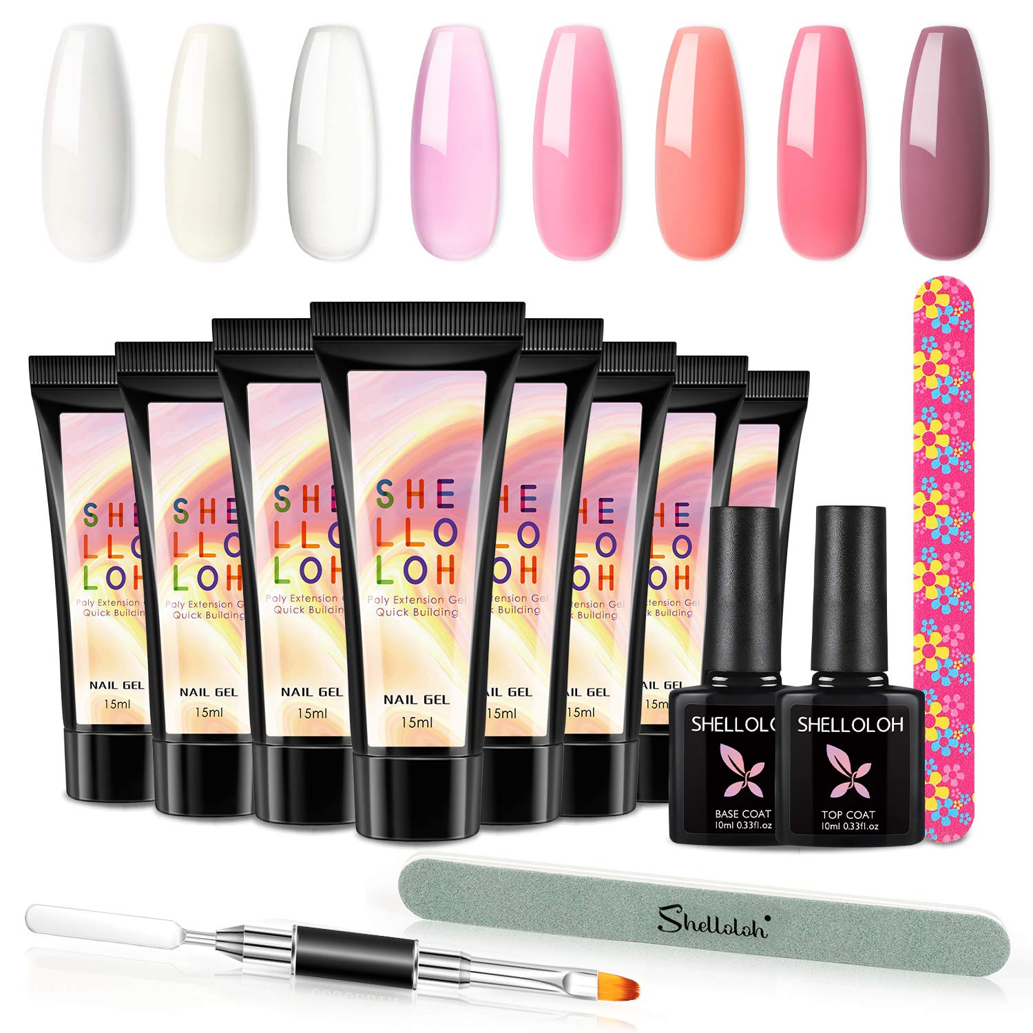 SHELLOLOH Poly Nail Gel Kit Nail Extension Gel Kit With 8 Colours Quick Nail Extension Gel Nail Solution Top Coat Base Coat Nail Enhancement builder nail gel Kit Manicure Tool Kit