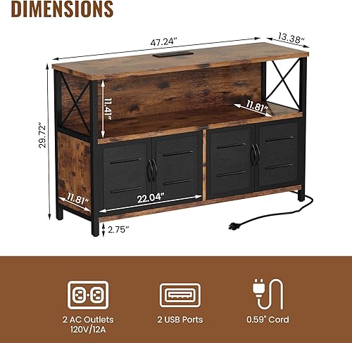 Miniatura 2 de AWQM Aparador retro con toma de corriente y puerto USB, gabinete industrial de madera para cafetería con almacenamiento, mesa consola para cocina,