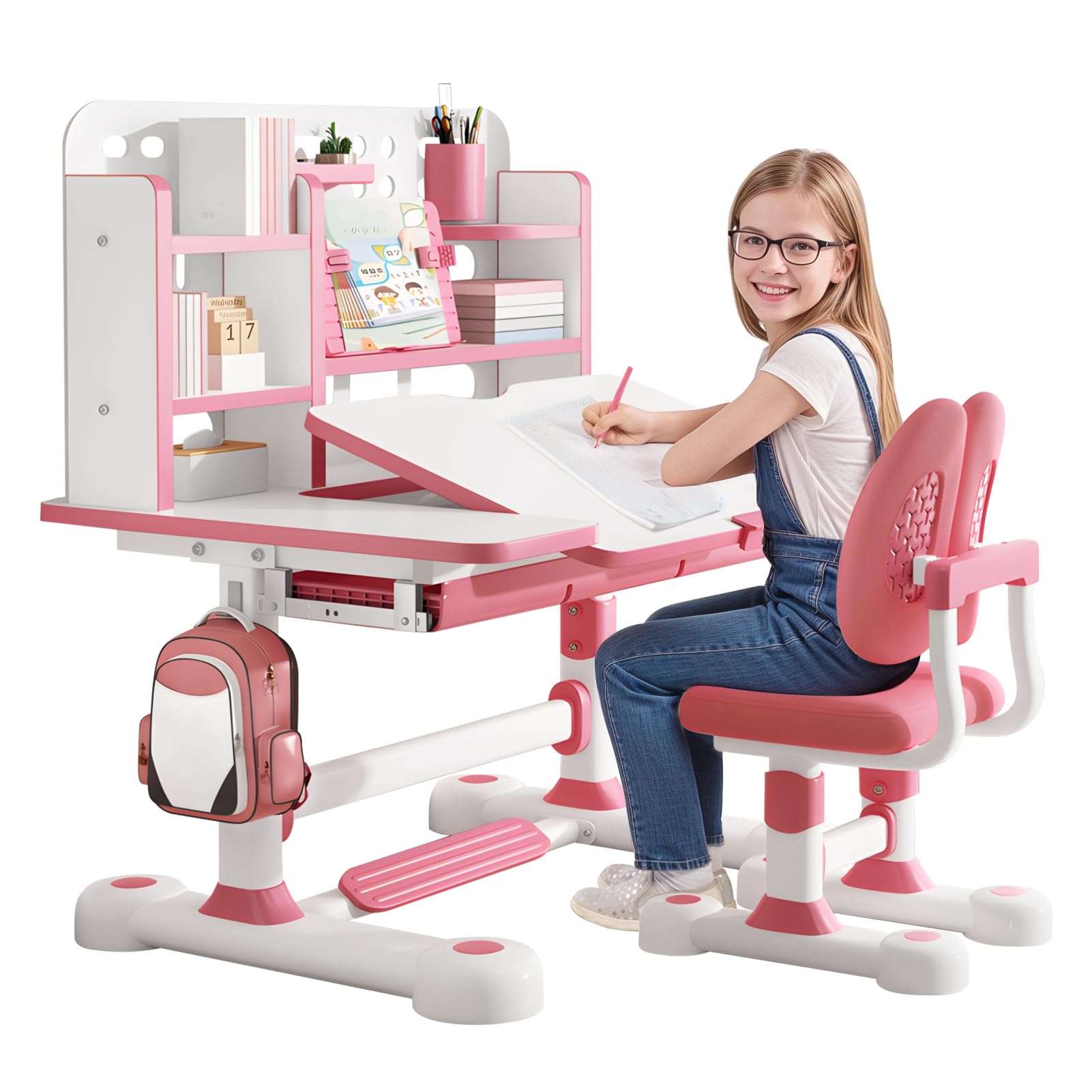 Set di scrivania e sedia per bambini con scrivania inclinabile (50 gradi), altezza regolabile per bambini, set di tavolo ergonomico extra large con cassetto portaoggetti, supporto per libri