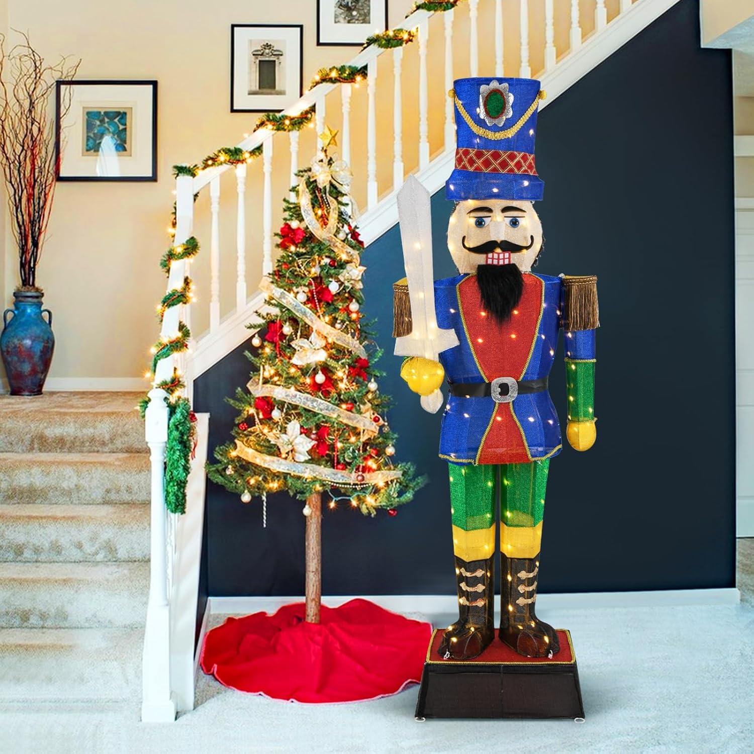 GOPLUS Weihnachten Nussknacker Figur groß, beleuchtete Weihnachtsdeko XXL, 184 cm Weihnachtsfigur mit LED-Lichtern, Weihnachtsdekoration Nussknacker mit Schwert, Weihnachtsbeleuchtung für innen, außen
