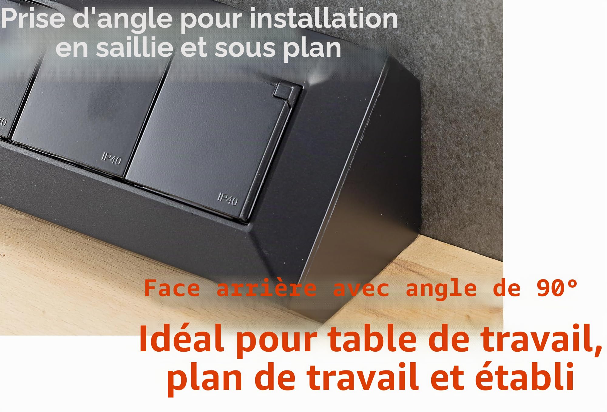 ChiliTec Bloc multiprise 2 prises avec couvercle rabattable USB-A USB-C PD 230 V pour cuisine, bureau, atelier, noir