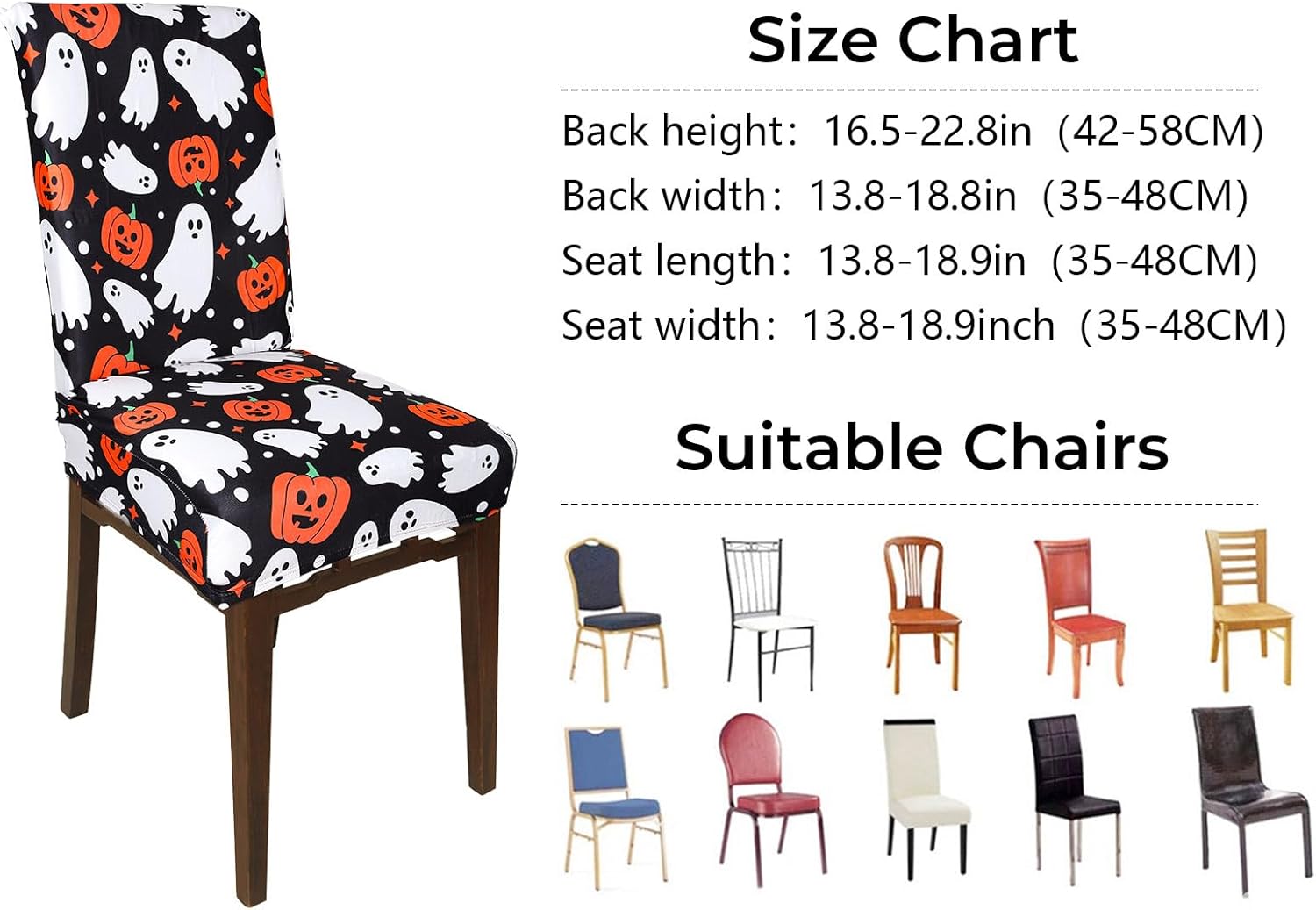 JarThenaAMCS 8Pcs Halloween Chair Covers Spooky Ghost Pumpkin Bat Dining Chair Slipcovers Black Removable Seat Covers for Home Kitchen Hotel Restaurant Decor