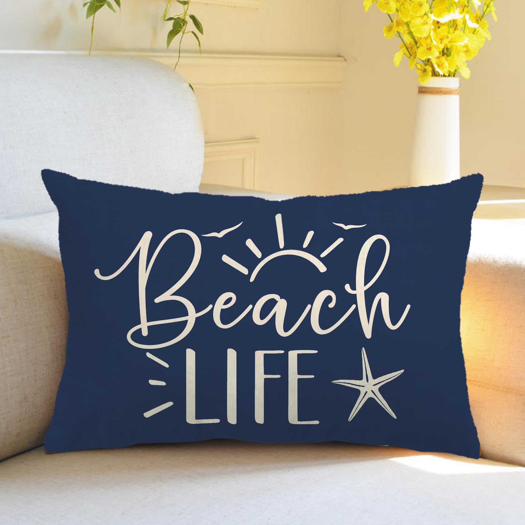 7COLORROOM 2Pack Beach Style Pillow Covers Double-Sided Printed Navy Blue Beach Life Starfish Summer Decor Rectangular/Waist Cushion Cover Ocean Theme Coastal Home Decor Pillowcases 12”×20” (Blue) 3