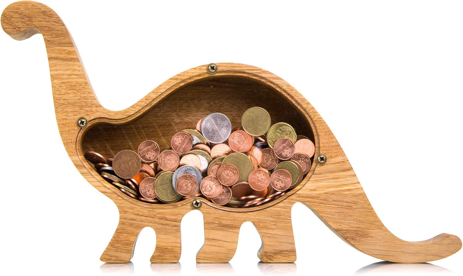 Dinosaur Piggy Bank for Boys Girls – Durable and Practical Money Saving Box – Natural Oak Wood w Transparent Plexiglass Idea for Developing Money Saving Habit (Standard)