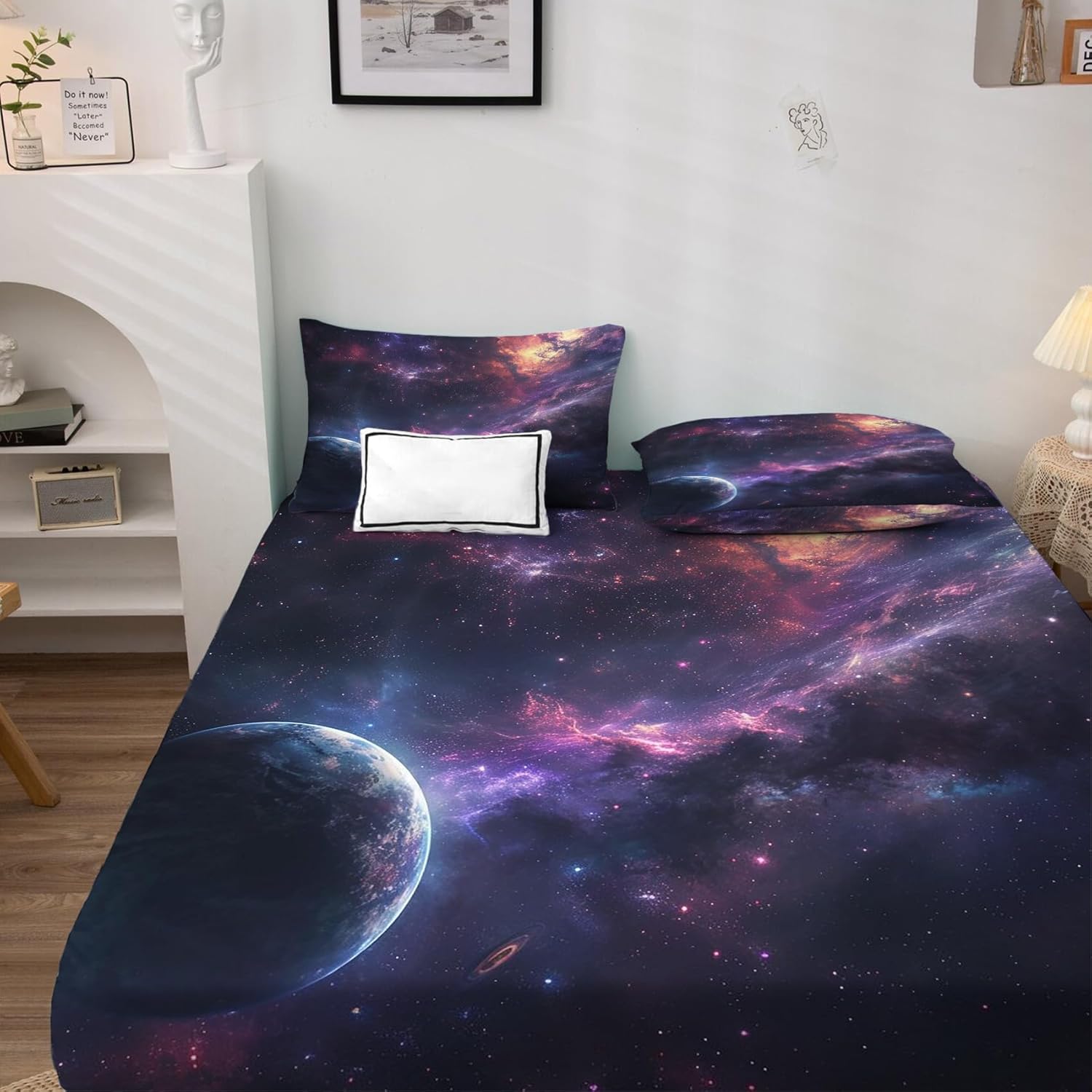 Outer Space Sheets California King Size - Purple Galaxy Planets Bed Sheets, Soft Microfiber & Deep Pocket & Wrinkle Free Bedding Sheets & Pillowcases, 1 Fitted Sheet, 1 Flat Sheet, 2 Pillow Cases