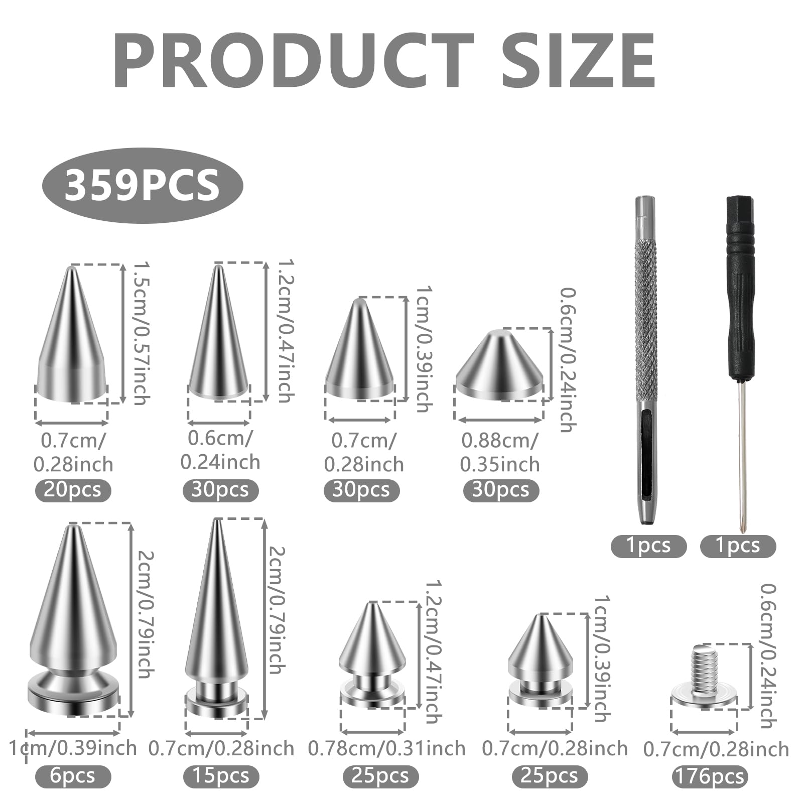 Kit de 359 puntas y tachuelas punk, kit de remaches de cono y tachuelas, kit surtido de 8 tamaños de metal y cuero, kit de decoración de tachuelas para ropa, chaqueta, zapatos, cartera