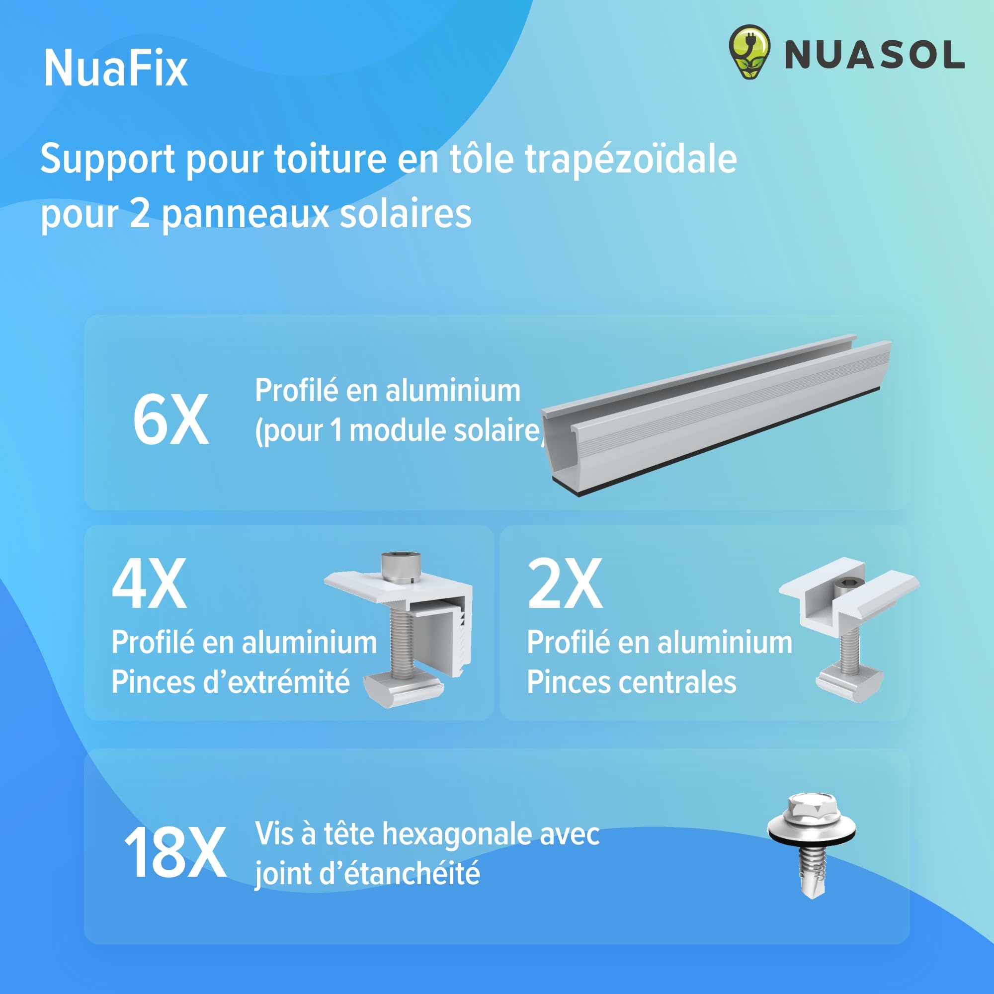 Kit de montage photovoltaïque pour toit en tôle trapézoïdale | Fixation pour 2 modules | Profil en U 20 cm | Support de panneau solaire avec pince d'extrémité, pince centrale et vis pour