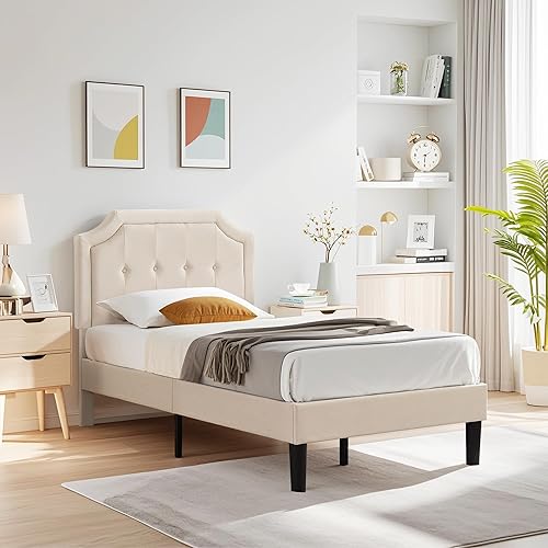 Miniatura 4 de VECELO Base de cama de plataforma tapizada individual con cabecera de panel cosida con botón ajustable, soporte de listones de madera fuerte, diseño