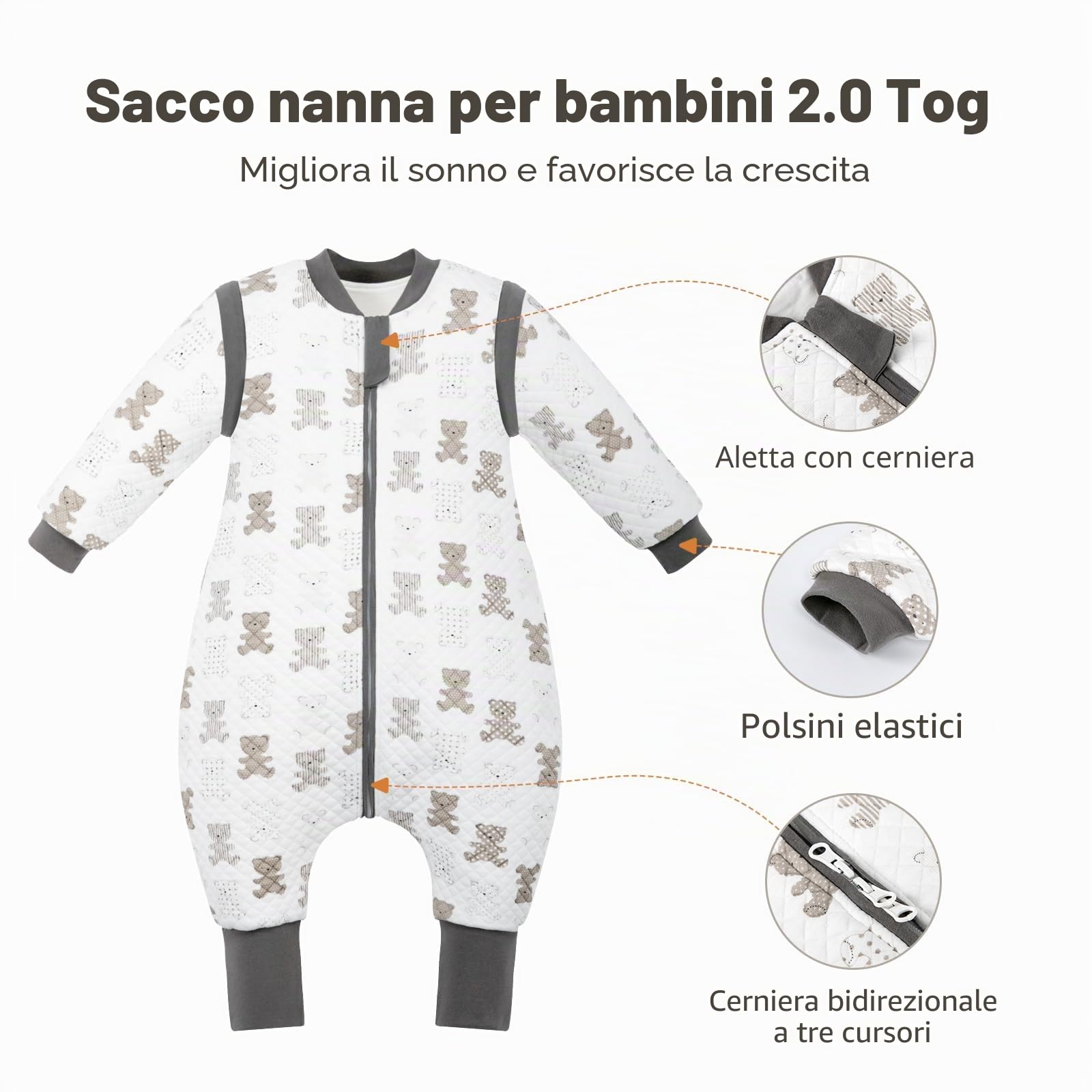 Sacco nanna con piedi bambini 2.0 Tog, Sacco nanna in cotone, per tutto l'anno con maniche rimovibili, Orso 4-5 anni