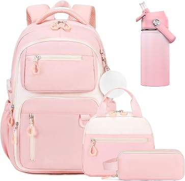Bevalsa School Backpack for Girls, Bookpack with 14oz Insulated Water Bottle, Lunch Bag & Pen Case, Schoolbag for Kids & BPA-FREE Stainless Steel Metal Cup for Elementary Middle Student Pink