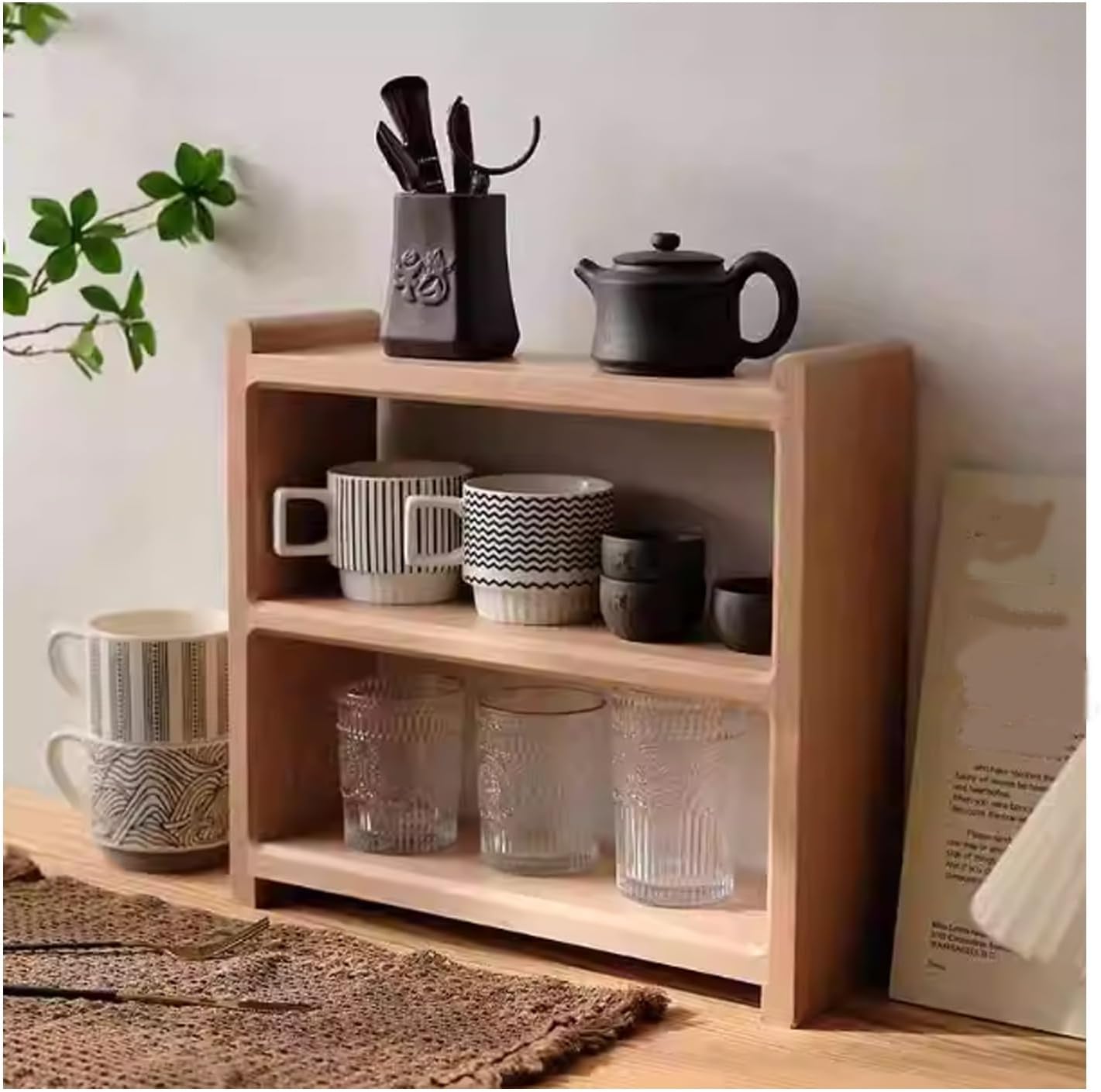 Solid Wood Mug Rack, Multi-Tier Cup Display Shelf for Kitchen Countertop, Coffee Bar & Dining Room(High20cm/7.9in)