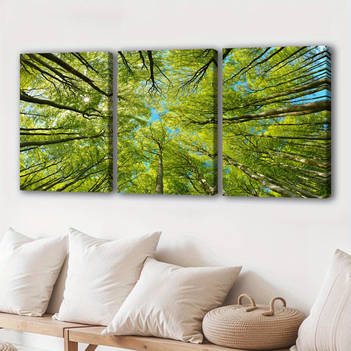IXEHOH Forêt de Canopée Tableau Toile Murale Arbre Vert Nature Images Décoration Murale pour Salon Chambre, 3 Pièces Rayon de Soleil Feuilles Peintures Murale, Grande Art Esthétique 20x30cmx3