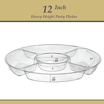 PLASTICPRO 5 Sectional Round Plastic Heavy duty Serving Tray/Platters Clear Pack of 2