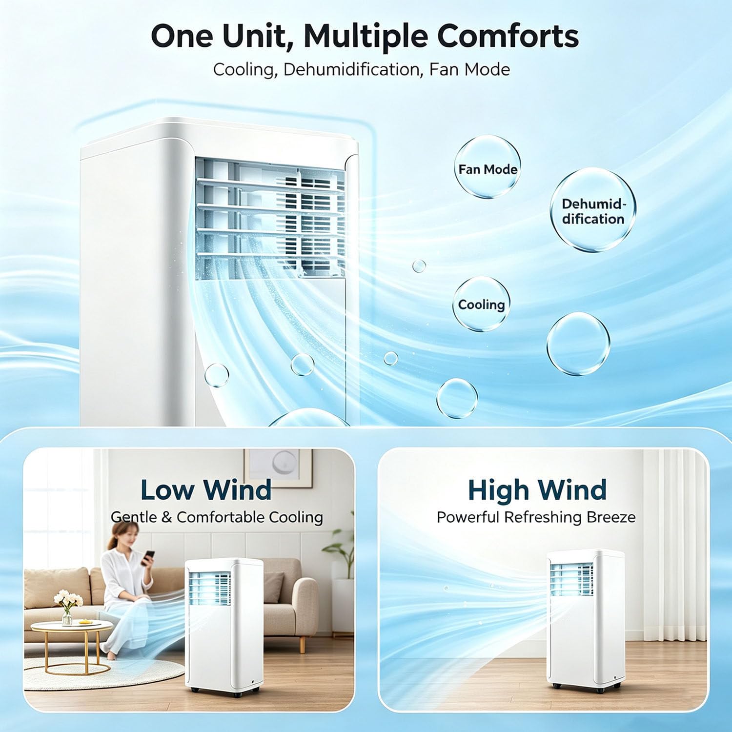 Climatiseur portable 3 en 1 de 14 000 BTU avec télécommande, minuterie 24 h et kit de ventilation pour fenêtre. Unité de climatisation mobile puissante pour la maison ou le bureau (40 m²) 14000BTU