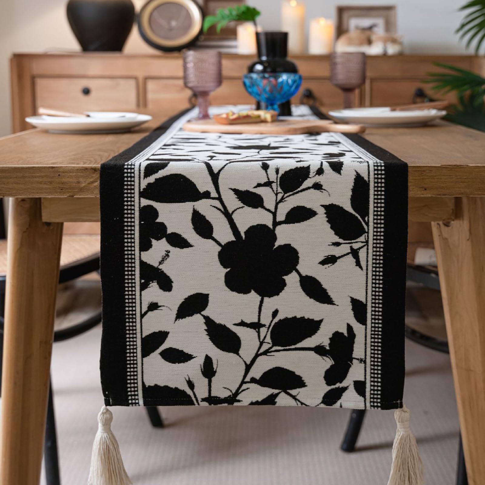 Schwarz Tischläufer Polyester, Dekostoff Tischläufer Abwaschbar Tischband Jacquard Blumen Blätter Muster mit Quasten Tischdecke für Küche Esszimmer Hotels Dekor, 35x200 cm, Schwarz