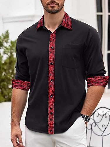Miniatura 3 de Barry.Wang Camisas de negocios para hombre, manga larga, con botones, formal, cuello de puño, contraste, informal, para fiesta, discoteca