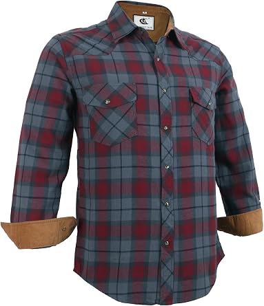 Pearl snap Mens Western Cowboy Flannel Shirts Snap Button Up 100% Cotton Long Sleeve Corduroy Lined Shirt