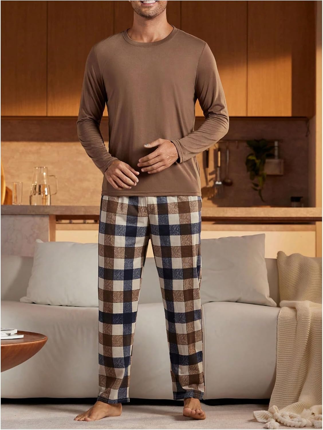 WDIRARA Men's 2 Piece Pajama Sets Long Sleeve Sleepwear Plaid Pants Pjs Set - Image 2