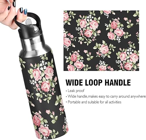 Miniatura 4 de ALAZA Botella de agua con diseño floral de rosas rosas con tapa de pajilla, botella térmica de acero inoxidable aislada al vacío, botella de agua de