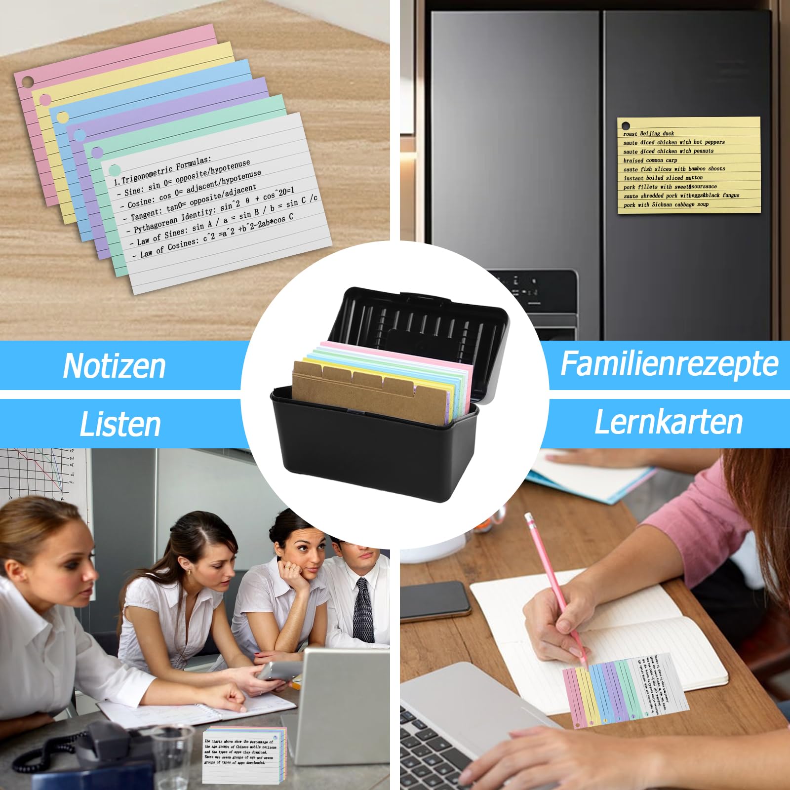Kit de Boîte à Fiches 313 Pièces avec Boîte Noire, 300 Fiches, 5 Intercalaires