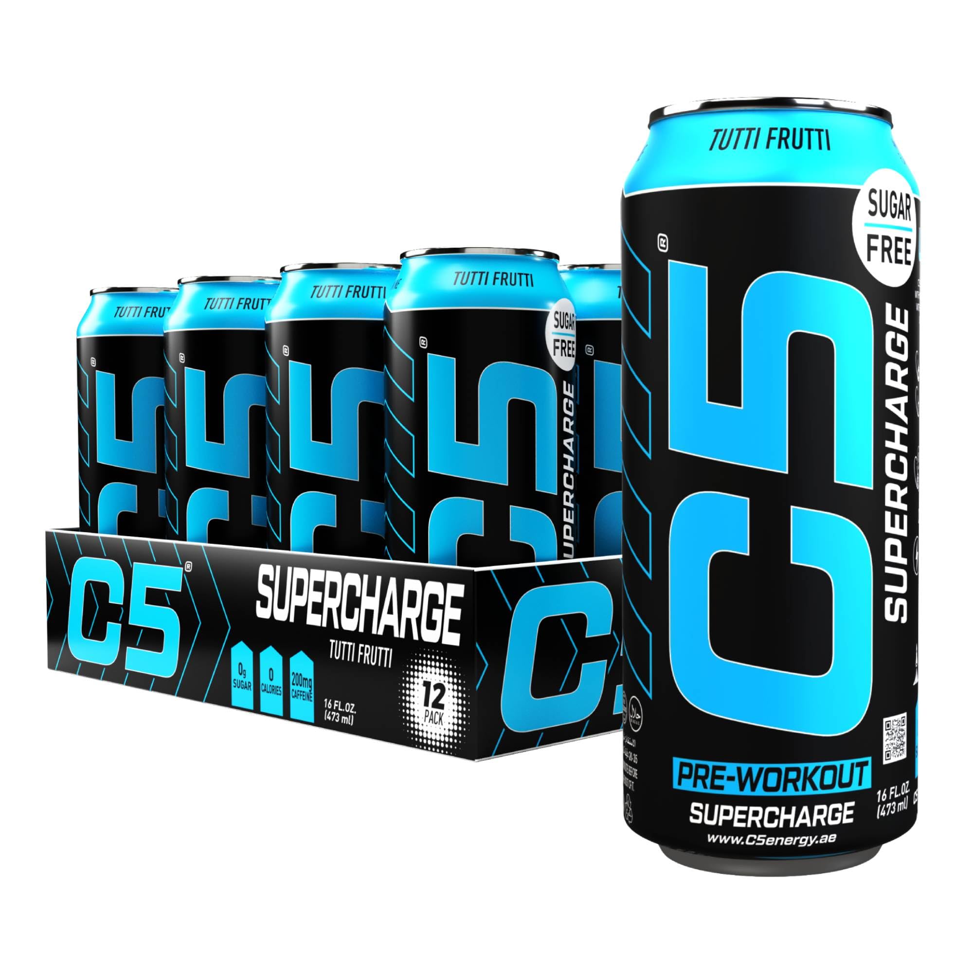 C5 Energy Drink Supercharge, Tutti Frutti Pre-Workout, 150mg Caffeine, Sugar Free, Zero Calories, with Beta Alanine, L-Arginine, 473ml