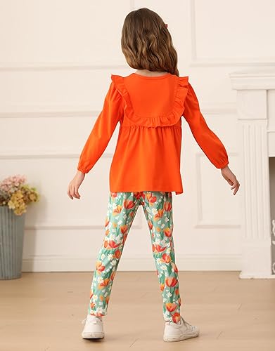 AMCLOS Girl Outfit Set Kids Clothes Ruffle Bowknot Tops Long Sleeve and Floral Long Pants 2 Piece Fall (4-5Y,Orange)