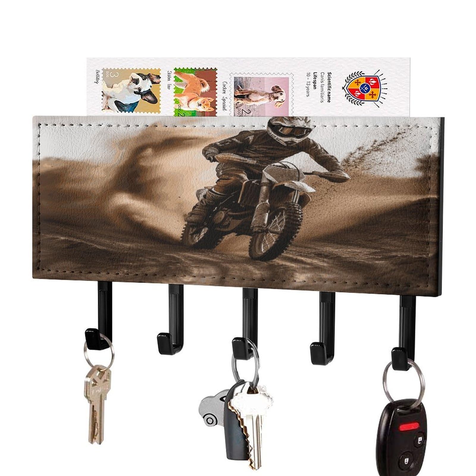 FekiLoot Motocross Key Holder for Wall Decorative Mail Organizer with 5 Key Hook Self Adhesive Key Rack with Tray Coat Rack Wall Mount Key Hanger Decor for Entryway Door