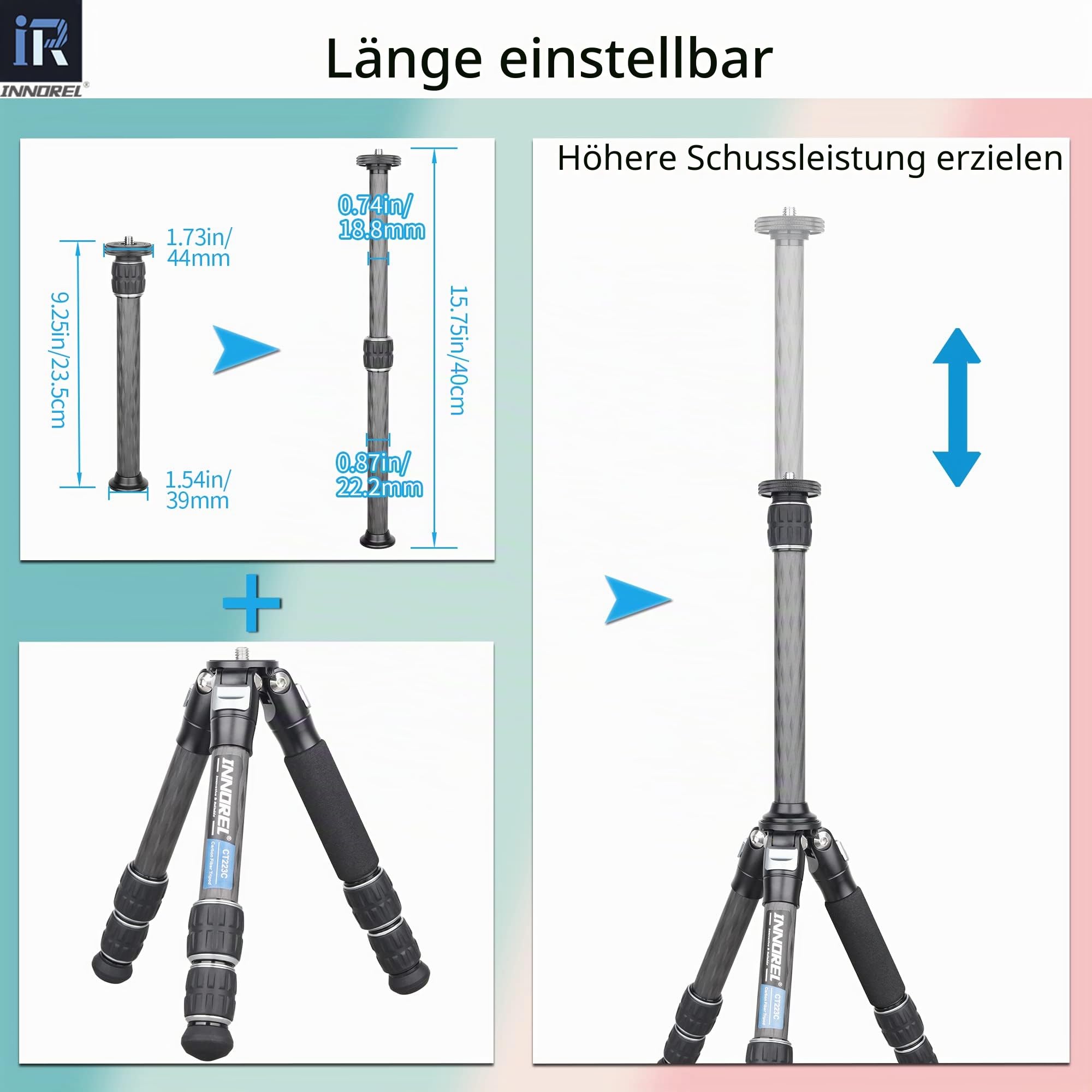 INNOREL ER222C Universal-Verlängerungsstange aus Kohlefaser für Stative mit zweiteiliger Mittelsäule für Stativ, Einbeinstativ, DSLR-Kamera, max. Rohr 22,2 mm