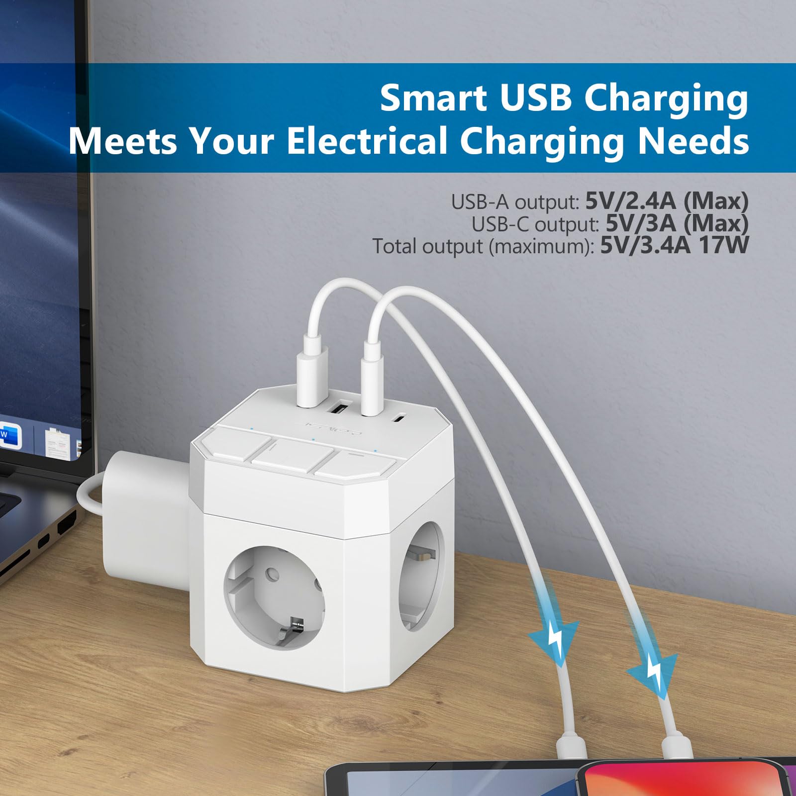 JSVER Listwa Zasilająca Cube z Indywidualnymi Przełącznikami USB-C, 3 Gniazdami, 2 Portami Typu C i 2 Portami USB-A, moc 3680 W, 16 A, kabel 2 m do Smartfonów i Tabletów-Biała