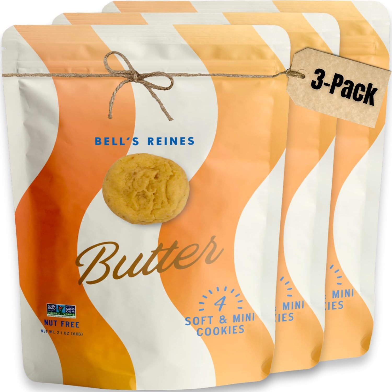 Bell's Reines Butter Cookies, Soft Gourmet Small Batch, Healthy Snacks, Bakery Fresh 4 Cookie Snack Packs, 3-Pack