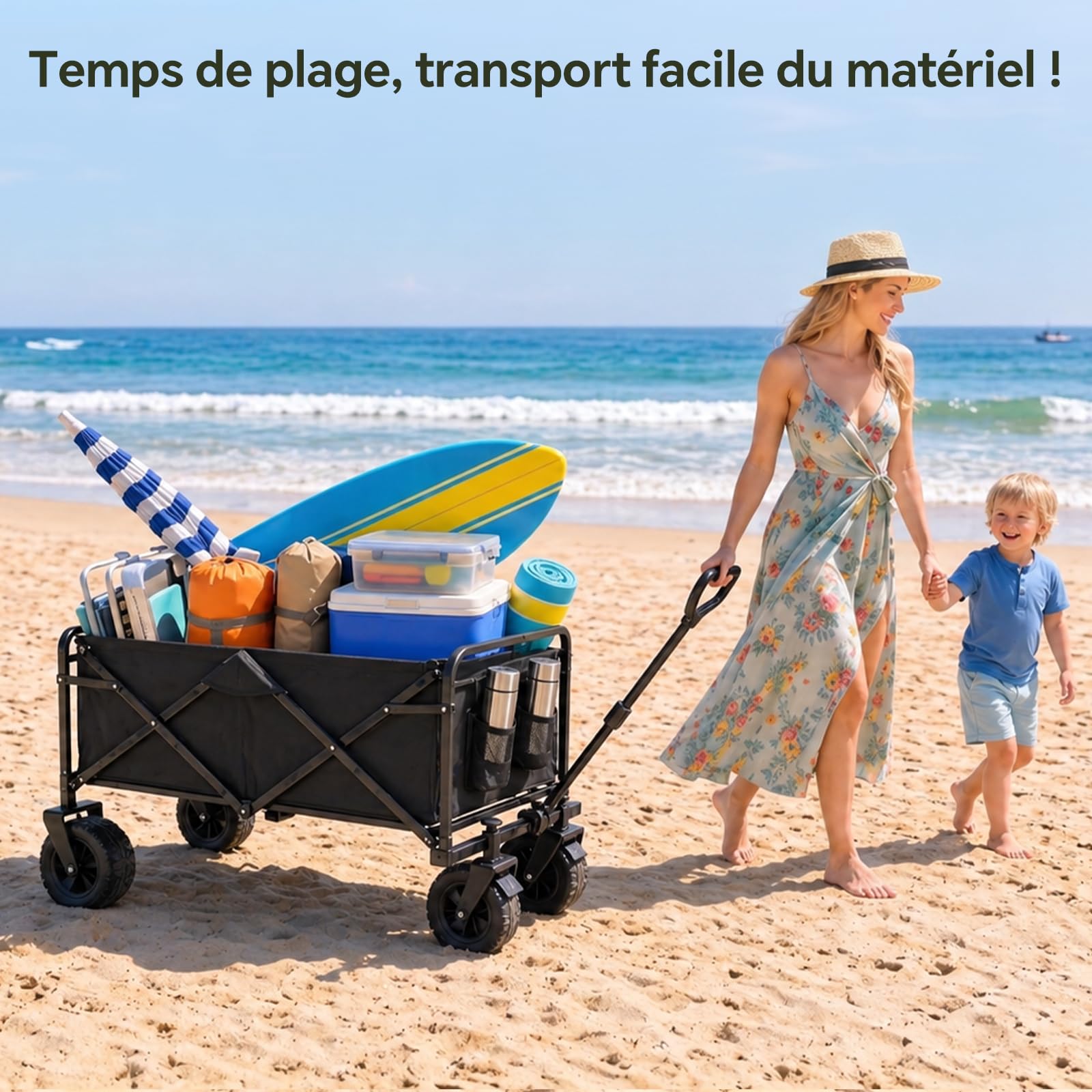 Chariot Pliable 200L 160 kg, Chariot de Plage Pliable à Pneus Larges, 84x48x100cm,Roues Tout-Terrain à 360°, Chariot à Main pour Camping, Courses, Chiens, Jardin et Plage