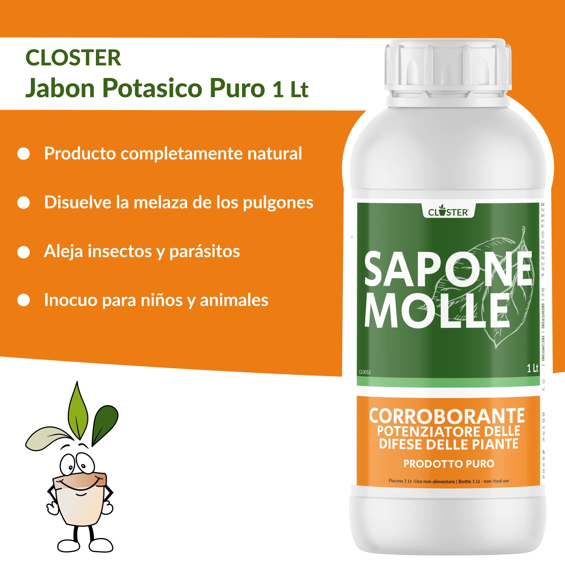 CLOSTER Jabón Potasico Puro (1 LT) - Insecticida Biodegradable - Defensa Natural de Las Plantas Contra Insectos y Parásitos - Anti Pulgones Acaros Cochinilla Chinches en Tu Huerto Jardín