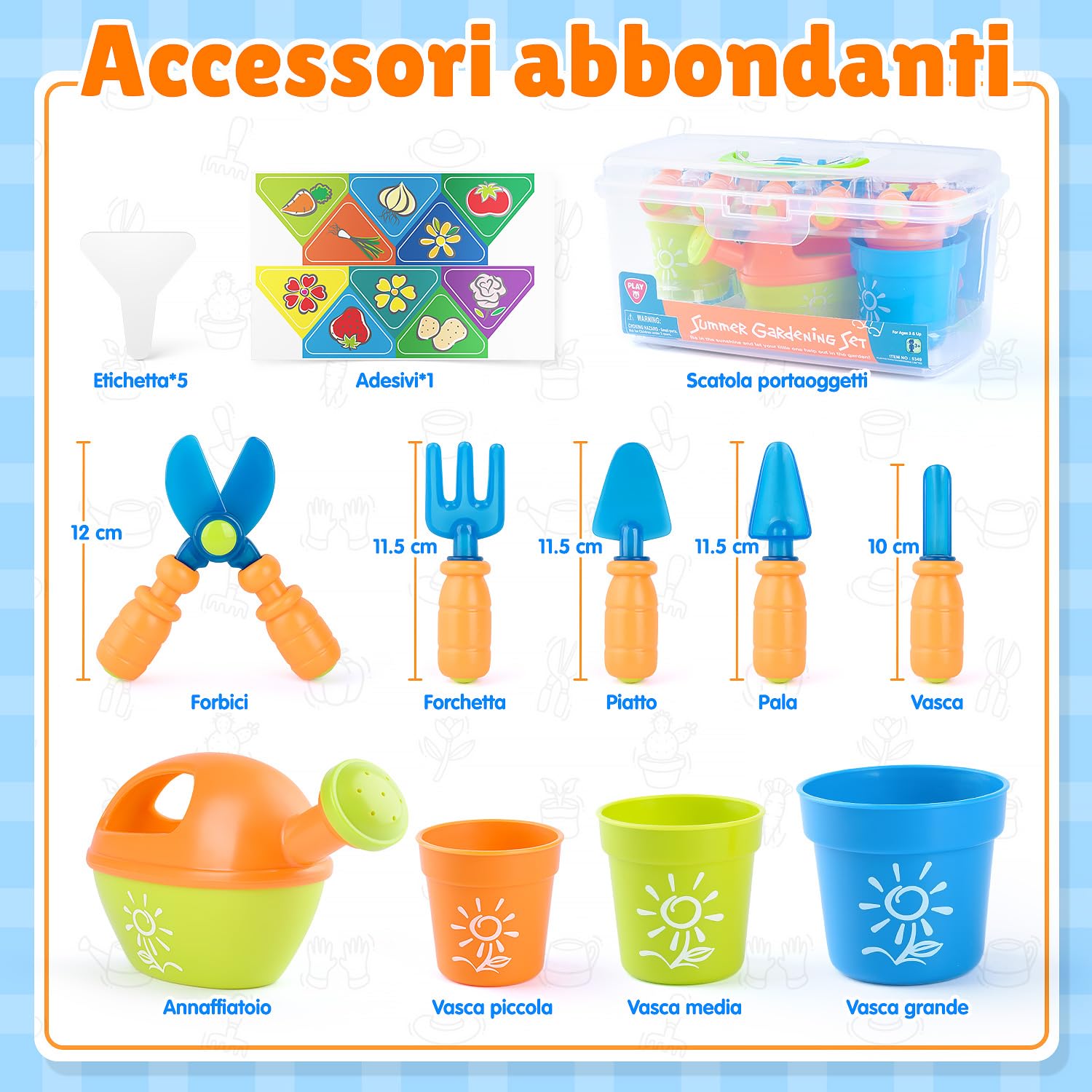 PLAY Set Attrezzi Giardino per Bambini, Utensili Giardino con Pala, Forchetta, Forbici, Vaso, Annaffiatoio, Targhetta e Contenitore, Kit Giardino per Bambini dai 3 Anni in su