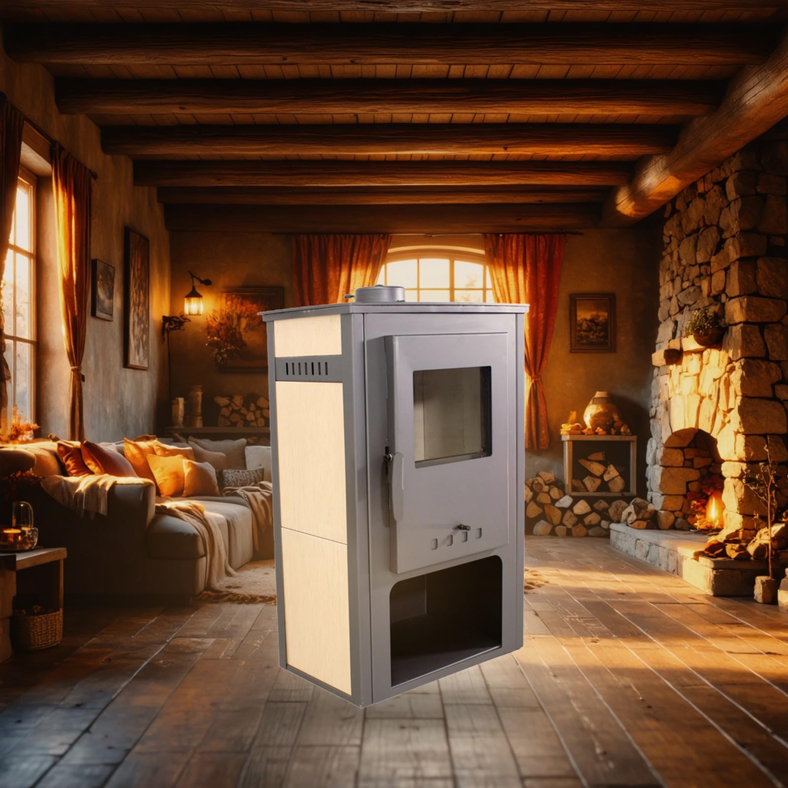 EIDER BIOMASA Estufa de Leña SAMIRA – 10,56 kW – Rendimiento 85,74% – Hasta 145.0 m³ – Doble Combustión – Certificada CE