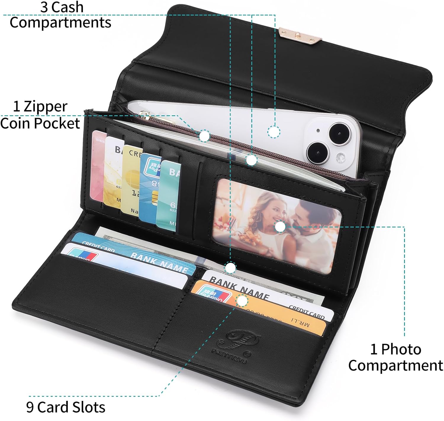 Leather Wallet for Women Trifold Womens' RFID Blocking Wallet Card Holder Purse Clutch with Zipper Coin Pocket,Black - Image 3