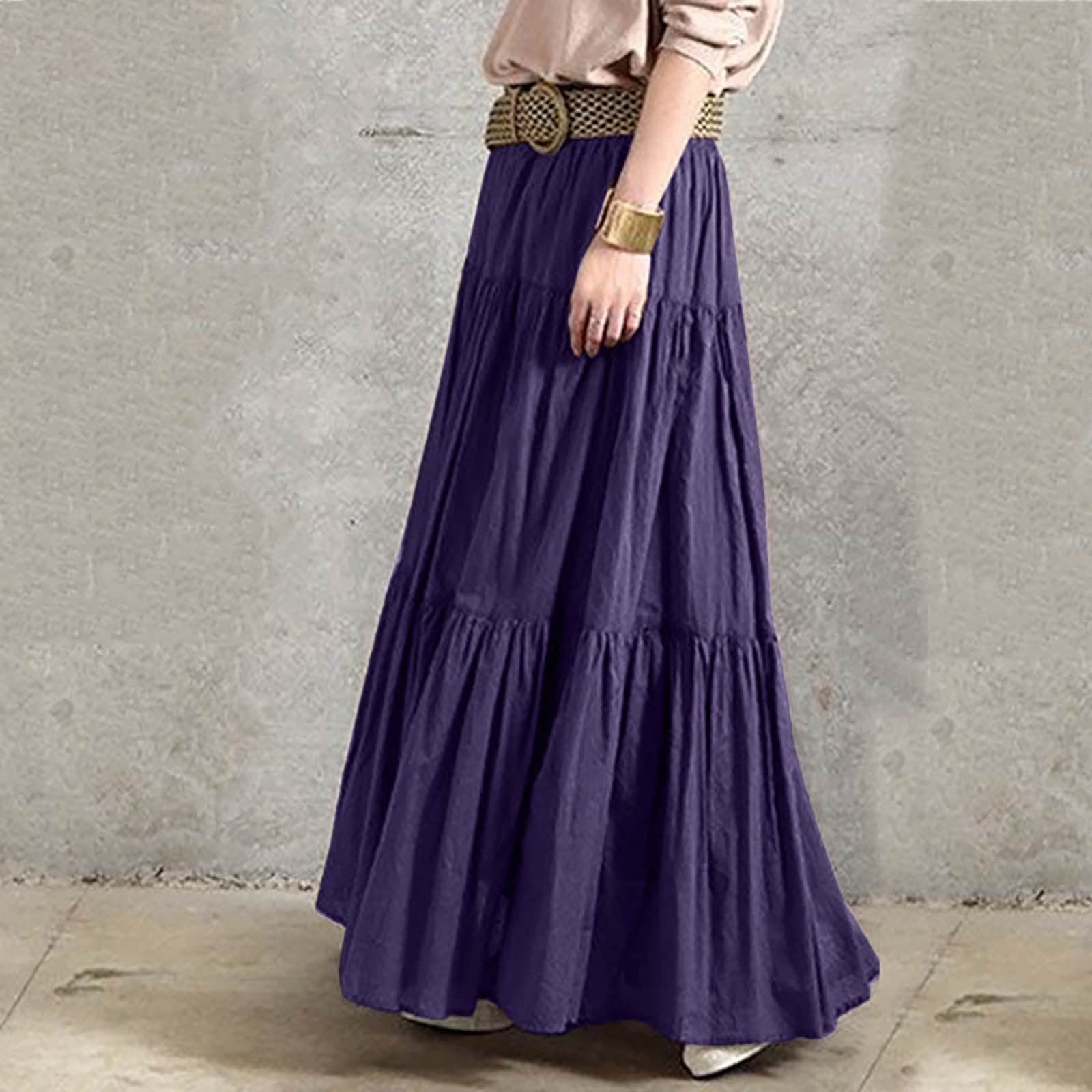 Robe d'été pour femme - Jupe printemps/été décontractée - Taille haute - Coton et lin - Couleur unie - Plissée - Swing ample - Jupe mi-longue