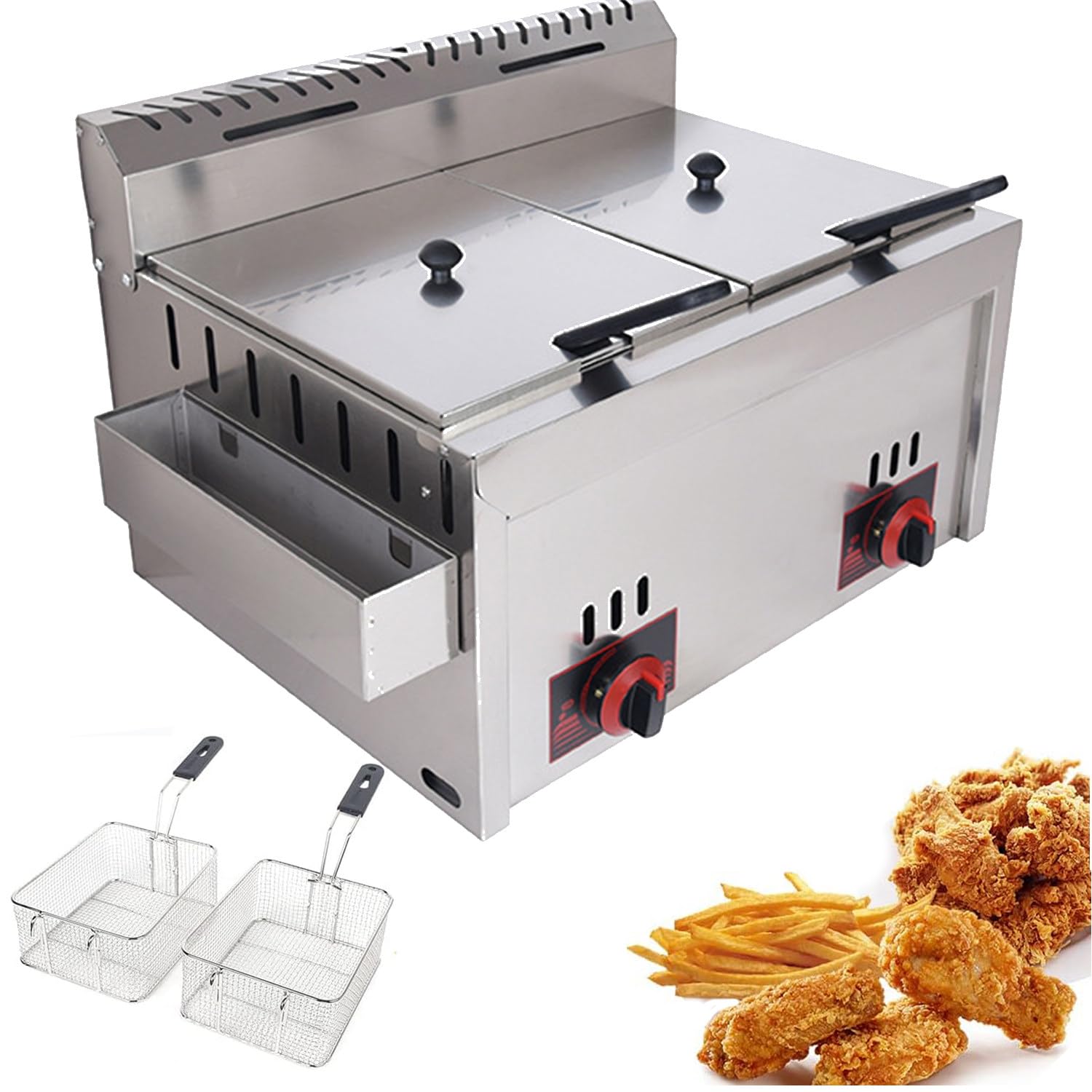 Freidora de Gas-Professional Freidora Doble, Acero Inoxidable | asas resistentes al calor,para Restaurante Familiar y Comercial de Patatas Fritas