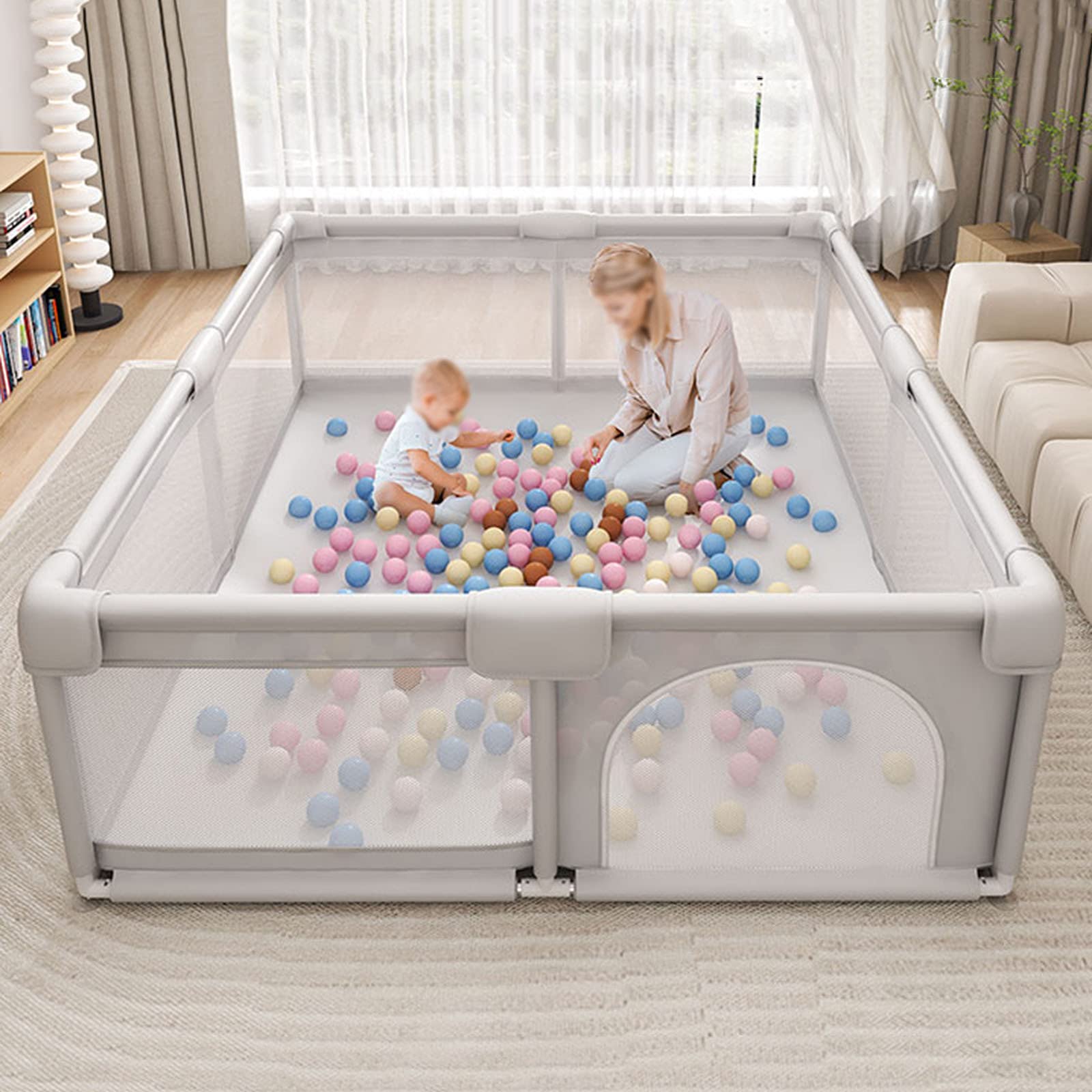 Jolan Baby Playpen,Baby Fence with Non-Slip Base and Breathable Mesh,Large Indoor Outdoor Kids Toddler Safety Playard Playpen,Crawling Fence,Anti-Fall/Portable Game Playpen,Grey-180×200cm