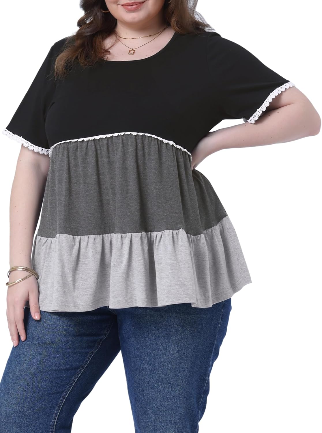 Agnes Orinda Women's Plus Size Babydoll Ruffle Tops Tiered Chic Short Sleeve Casual Loose Flowy Swing Blouses - Image 2