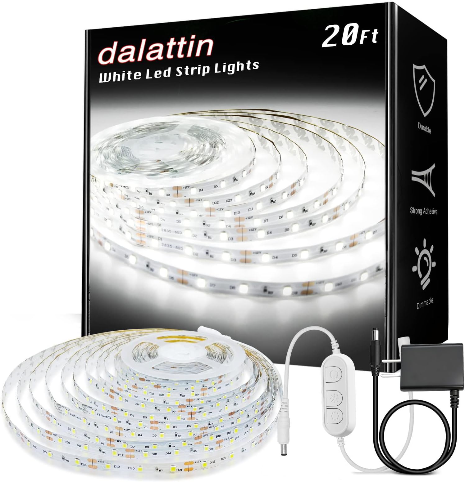 dalattin White LED Strip Lights, 20ft Dimmable Super Bright 24V Led Tape Light 6500K 360 LEDs Lights for Bedrooms, Mirror, Kitchen, Home Decoration Daylight White