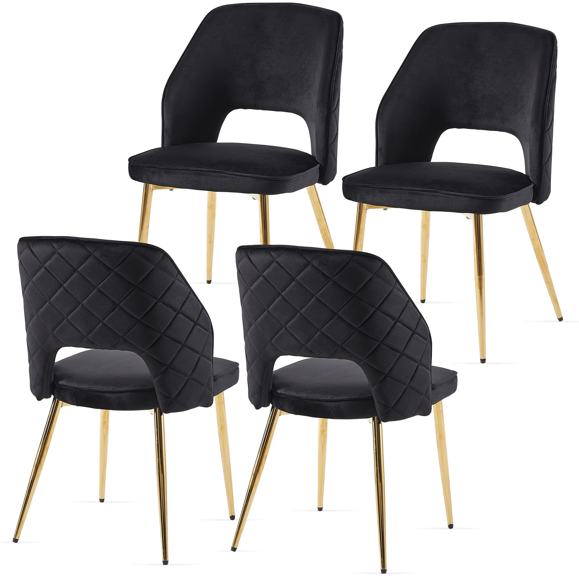 Black Velvet Dining Chairs with Metal Legs, Hollow Back Upholstered Dining Chairs Set of 4 Velvet Armless Chairs for Living Room,Set of 4, Black