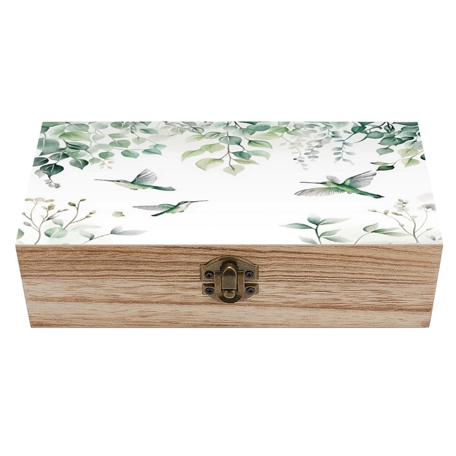 HLBSDM Hummingbirds Leaves Floral Vintage Wooden Keepsake Box with Hinged Lid And Locking Clasp, Decorative Storage Box for Jewelry, Trinkets And Small Accessories, Organizer for Home Or Wedding
