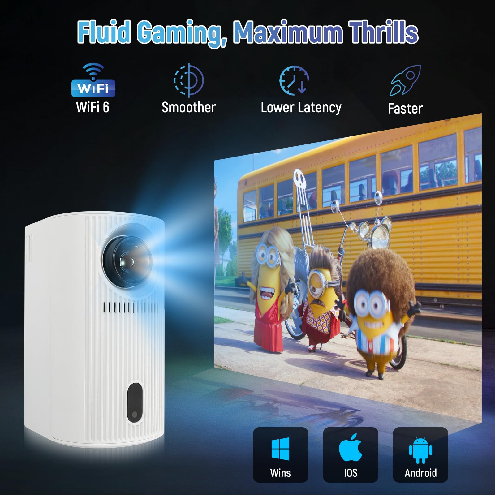 Mini proiettore 4K 1080P, mini proiettore 200 ANSI lumen, proiettore video portatile, correzione verticale automatica e WiFi 6/BT5.4, una nuova generazione di proiettori intelligenti chiusi