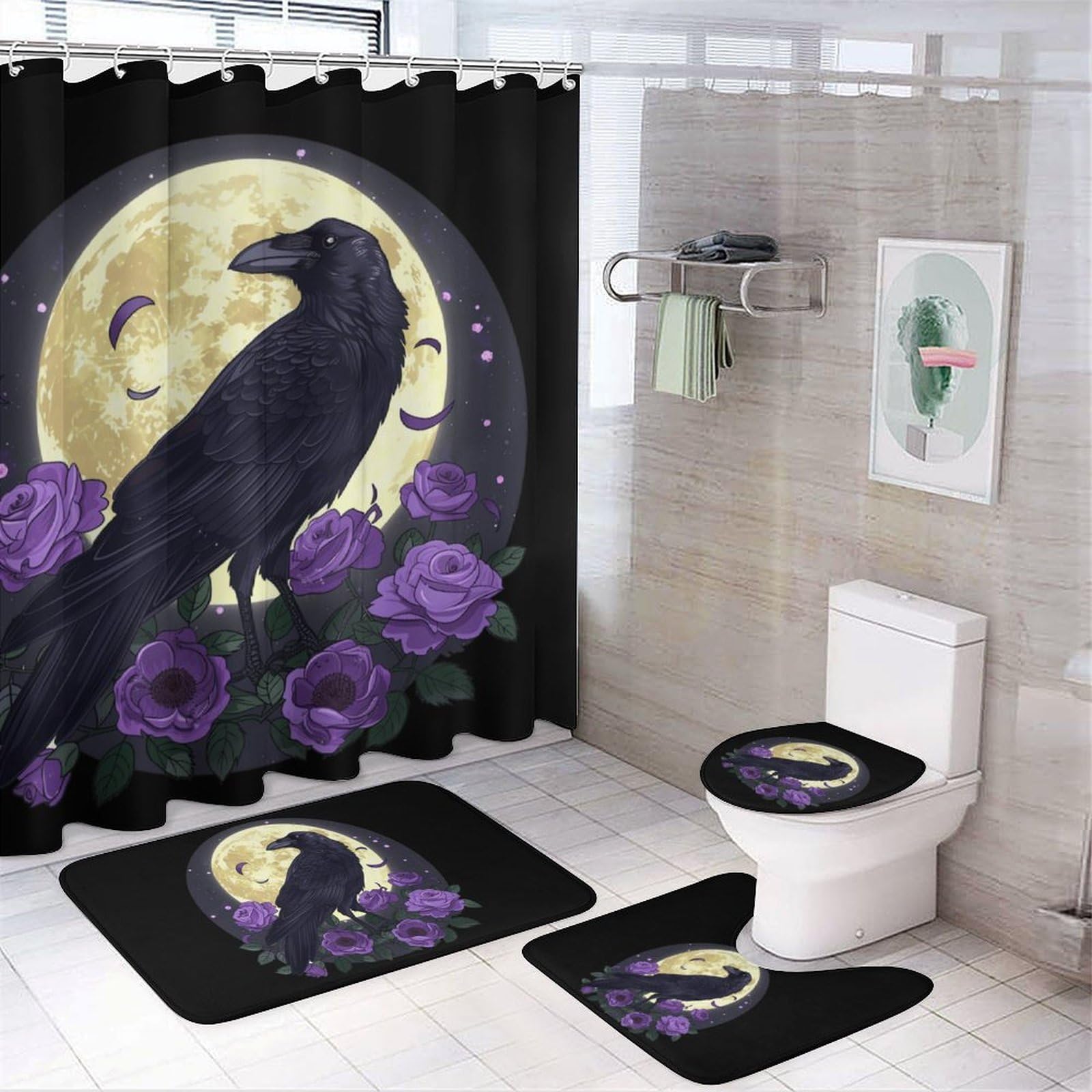 CGSBNGHA Full Moon Gothic Witchy-Crow-Roses Mystical Shower Curtain Set 4 Piece Bathroom Sets with Rugs Toilet Lid Cover And U-Shaped Floor Mat