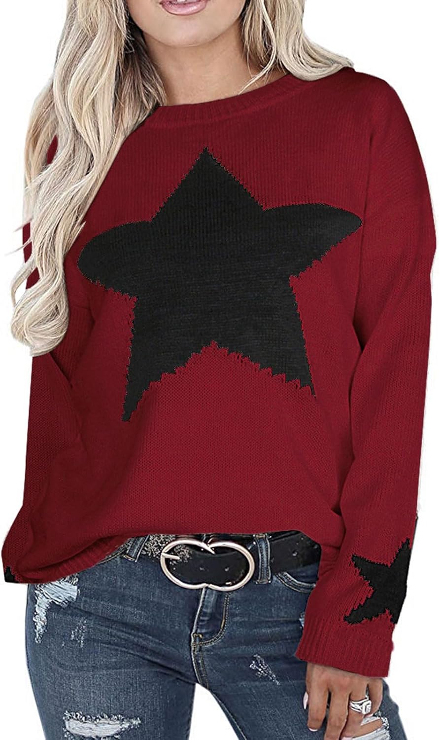 shermie Womens Star Graphic Sweaters Long Sleeve Crew Neck Casual Cable Knit Pullover Sweater