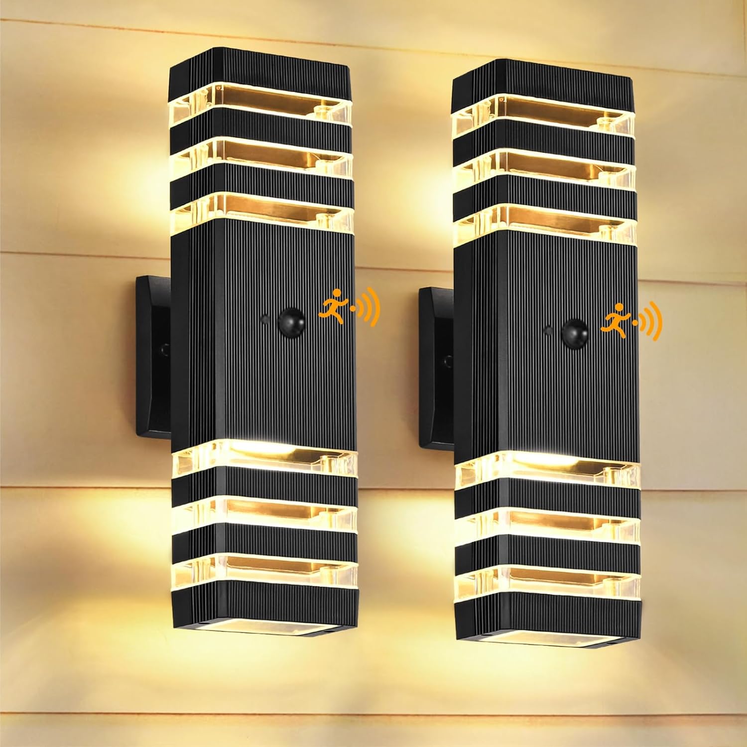 Motion Sensor Outdoor Wall Lights 2 Packs, LED Square Up Down 14W 3000K Modern Porch Light, Wall Mount Dusk to Dawn Exterior Lighting Fixtures for House