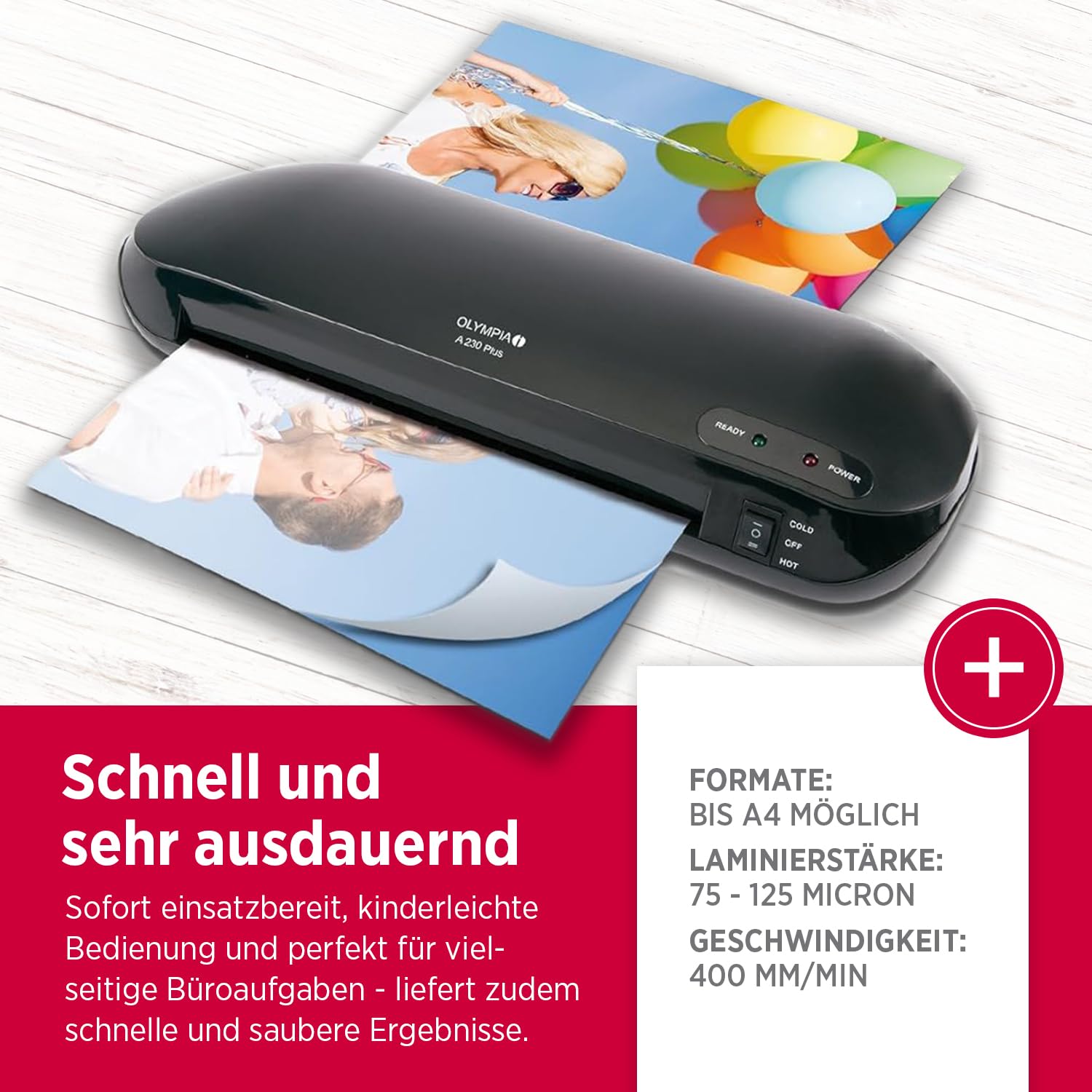 Olympia A 230 Plus zestaw do laminowania 4 w 1, laminowanie na gorąco i zimno, szybki czas nagrzewania, zestaw do laminowania z zaokrąglonymi narożnikami, przecinakiem do papieru i folią, idealny do