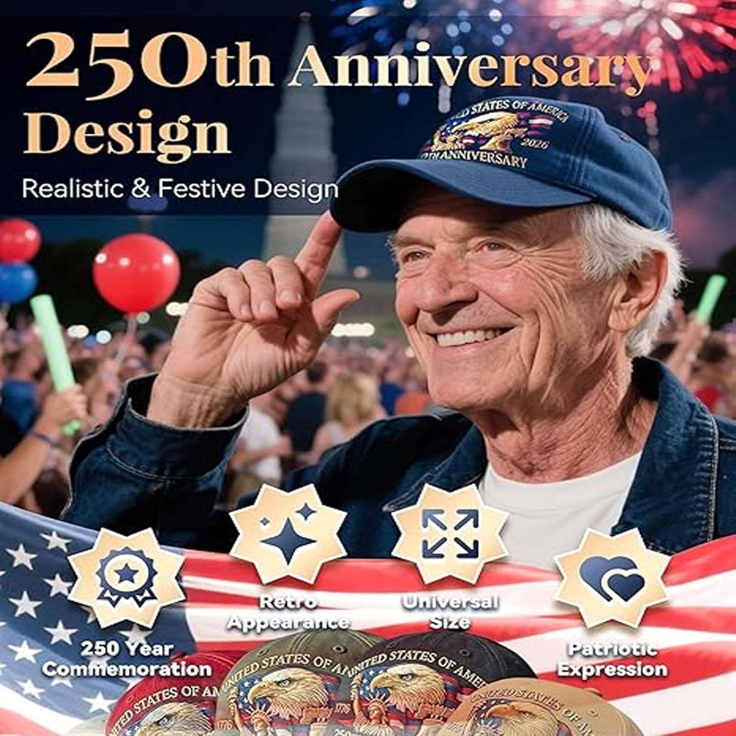 US 250th Anniversary Baseball Cap - Patriotic Eagle Embroidered Cap, Adjustable Cotton Baseball Cap for Both Men and Women - Image 5