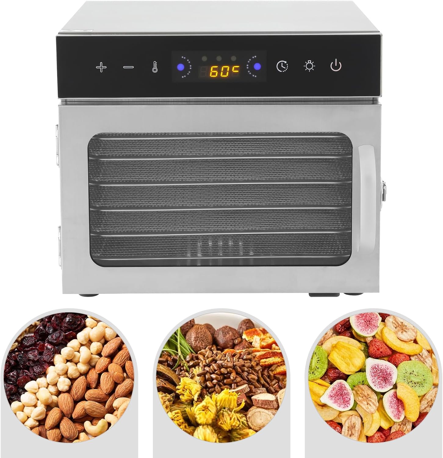 Food Dehydrator Machine, Jerky Dehydrators with 6-tray, Stainless Steel Fruits Dehydrator, 95-194℉ Temperature Control, Low Noise