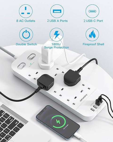Extension Lead with 2 USB C Slots, 8 Way Outlets Power Strip with 4 USB Ports, 1800J Surge Protection Double Switch Plug Extension with 1.8M Braided Extension Cord for Home, Office - 2